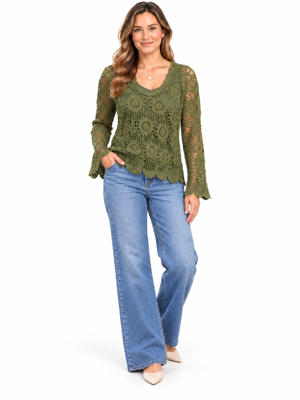 Vintage Joseph A Olive Green Crochet Floral Bell Sleeve Sweater Y2K Small Boho